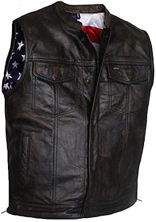 Motorcycle Leather Brown Riding Club Vest Concealed Carry Pockets US Flag Liner