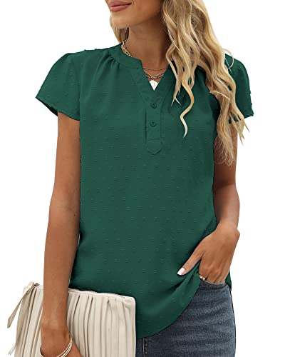 FCSONU Femme Chemise été à Col en V Manches Courtes Élégant Tunique Top Suisse Point Boutons Chemisier Haut Cover