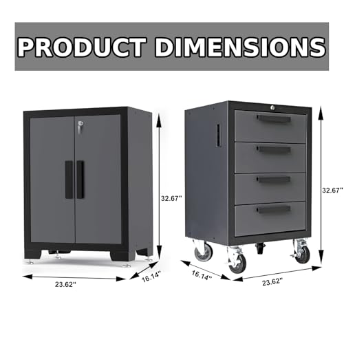 Image of Torin 12 Piece Garage Storage Cabinet System,Workshop Cabinet Set in Black | Included Workshop Tool Organizer Chest with Lockers, Shelves and Wood Workbench, Black /Grey