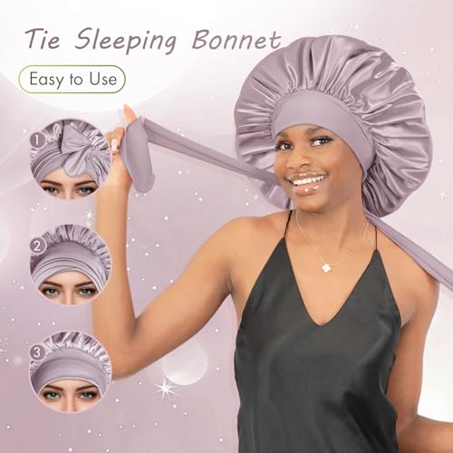 Image of BONNET QUEEN Silk Bonnet Satin Bonnet Silk Hair Wrap for Sleeping with Tie Band Night Sleep Cap for Women Curly Hair, Large, Rose Gold
