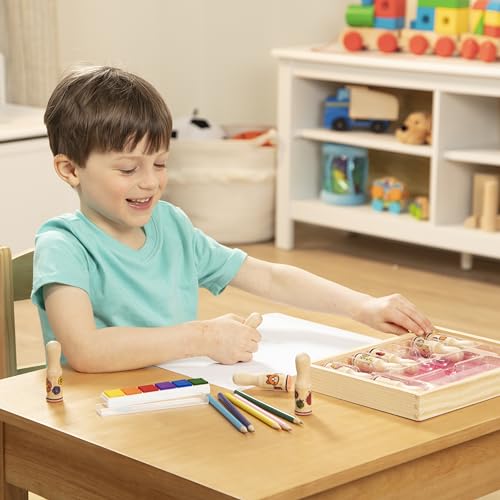 Melissa & Doug Deluxe Happy Handle Stamp Set with 10 Stamps, 5 Colored Pencils, and 6-Color Washable Ink Pad