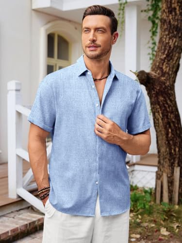 Runcati Mens Short Sleeve Linen Shirts Button Down Casual Texture Summer Beach Wedding Tops2