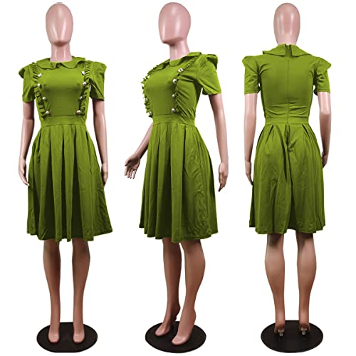 Off The Shoulder Ruffled Ruffle Hem Short Sleeve Button Front Pocket Side Shirred Back Midi A-Line Dress Army Green #TOP3