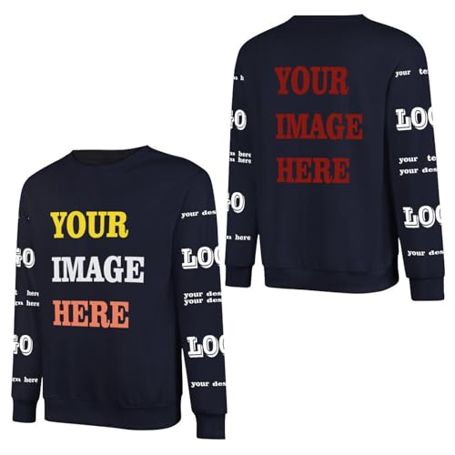 FAIRWHALE Customizable Unisex Euro-Sized Pullover Sweatshirt with Front and Back + Double Sleeve Print, Navy Blue, One size