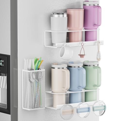 Magnetic Cup Holder For Stanley 20/30/40oz - 2 Pack Tumbler Organizer for Stanley - Water Bottle Organizer for Fridge with Straw Basket & 6 Hooks for Tumbler Cup Lids Accessories Organization White