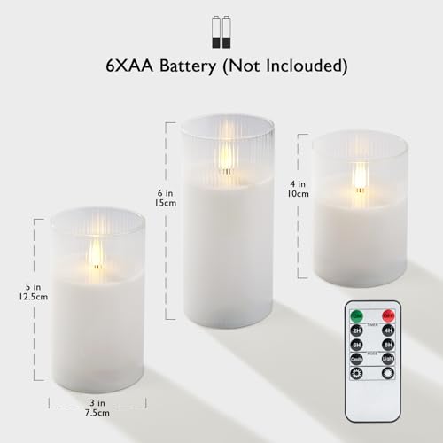 Image of Amagic Glass Flameless Candles with Remote, Battery Operated Candles with Timer, Real Wax LED Pillar Candles with Flickering Flame for Home Wedding Fall Decor, White, Set of 3