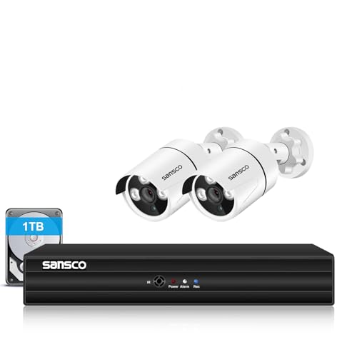SANSCO 5MP 8 Channel DVR CCTV Security Camera System with 1TB Hard Drive, 2x 1920P Outdoor Camera, Waterproof, Face/Human Detection, Easy Mobile Viewing, Email & APP Alert