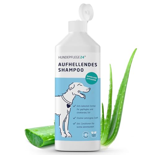 Hundepflege24 Hundeshampoo weißes Fell - Aufhellend & Pflegend - Anti-Gelbstich Formel für kräftiges, gepflegtes, strahlendes Fell - Mit pflegendem Conditioner für leichte Kämmbarkeit - 500ml