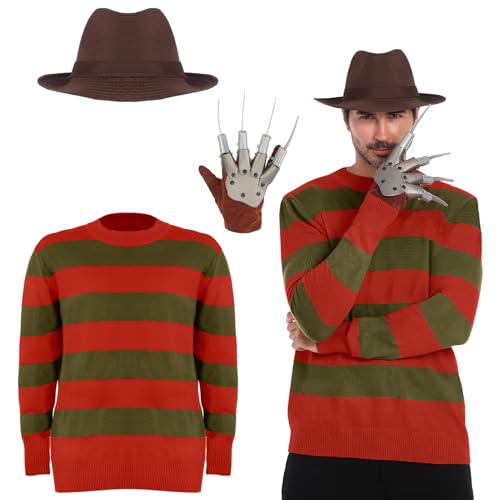 WATCPNO 3PCS Horror Red and Green Striped Knitted Sweater Mens Costume with Retro Brown Hat Gloves for Halloween Role Playing (L)