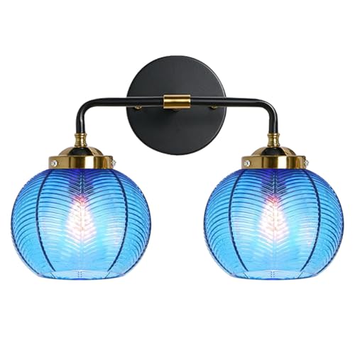 Image of Bathroom Light fixtures Over Mirror Mid Century Vanity Light with Blue Ribbed Glass Shade Globe Wall Sconce 2-Lights Modern Vanity Lights for Dining Room Bedroom Hallway Overhead