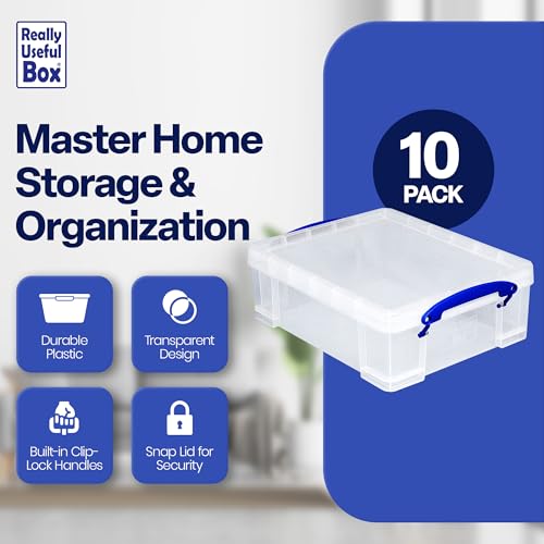 Image of Really Useful Box Stackable 8.1L Plastic Storage Container, 10 Pack | Bin with Snap Lid & Built-In Clip Lock Handles for Home & Office Organization