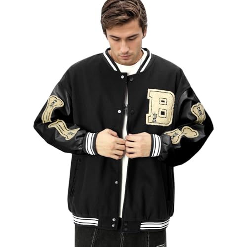 Image of Mens Varsity Jacket Baseball Bomber Jacket Vintage Unisex Streetwear Coats with Patchwork Hipster Utility Tops