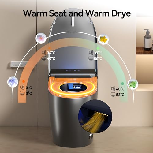 Inodoro inteligente con rociador de agua caliente y secadora, asiento calefaccionado con bidé, 4 modos inteligentes de descarga y asiento con apertura/cierre automático, operación con sensor de pie y pantalla LED Fahrenheit (Gris) miniatura 5