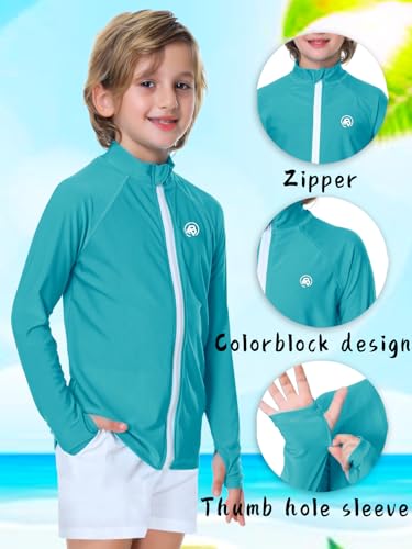 Image of AOBUTE Unisex Kids Zipper Rash Guard Boys UPF 50+ UV Protection Sun Shirt with Thumb Hole 3-12 Years