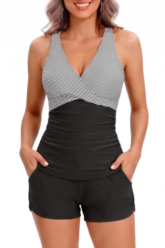 Women Black Stripe Tankini Swimsuits with Shorts - Two Piece Tummy Control Bathing Suits Top with Two Pockets Bottom Swimwear M