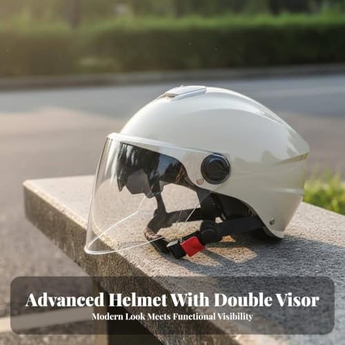Image of Double Visor Helmet Sun Protection Electric Bike Helmet Breathable Guarding Headwear for Motorcyclists Riders, City Driving, Outdoor, Traveling Black Hd Lens