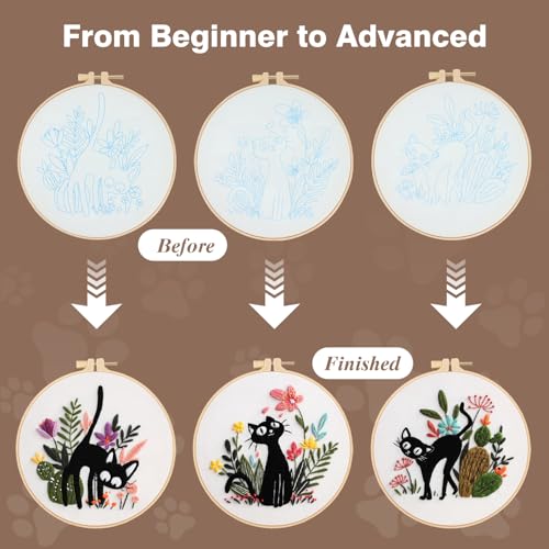Image of RidaaFri Embroidery Kit for Beginners Set of 3, DIY Hand Stamped Embroidery Kits for Adults and Starts with Cute Cat and Plants Patterns, Hoop, Needle, Threads and Instructions