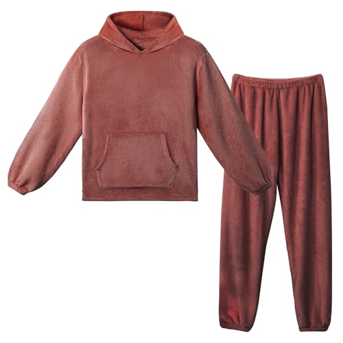 LACOFIA Ensembles de Pyjama Polaire Femme 2 Pièce Loungewear à Capuche Hiver Chaud Vêtements de Nuit à Manches Longues pour Adulte Rouge Foncé M