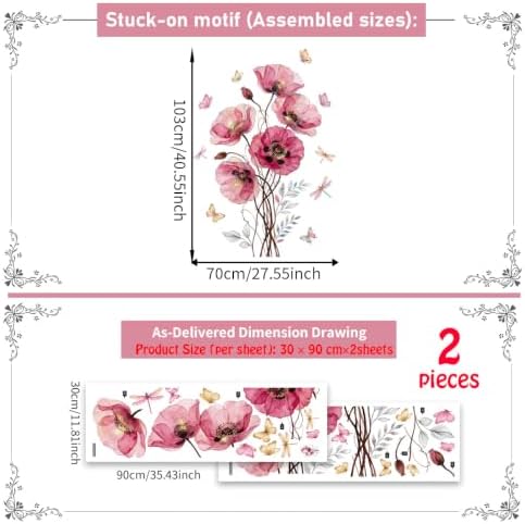Runtoo Pink Flower Wall Decals Poppy Floral Butterfly Wall Stickers Peel and Stick Girls Bedroom Living Room Nursery Decor — 사진 7