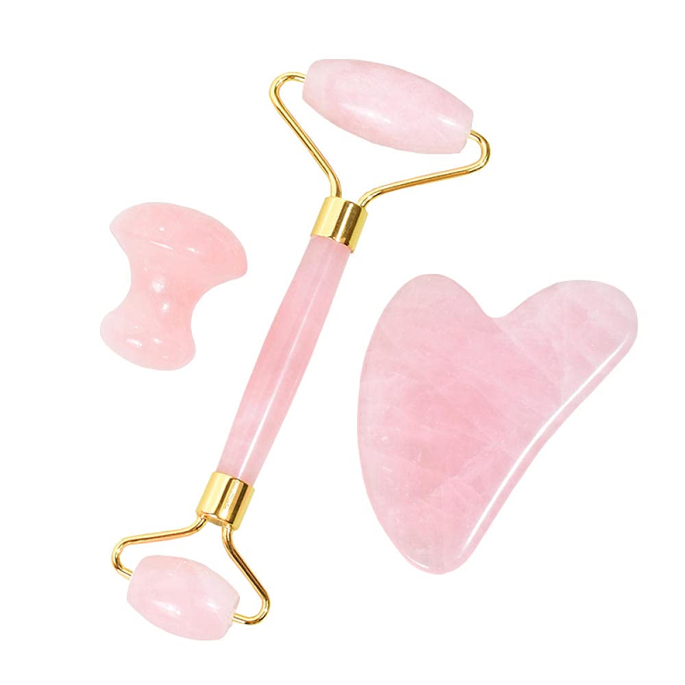 Set di strumenti di massaggio del rullo viso di Guasha Massager del quarzo della rosa-2 pezzi