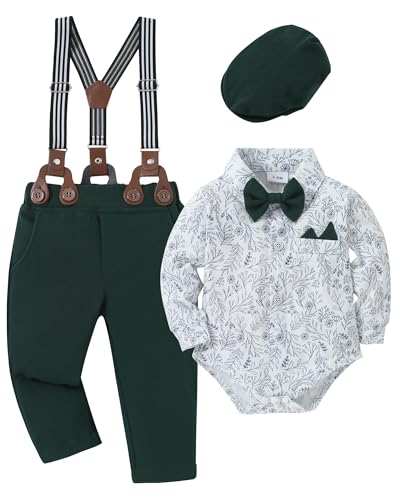 Image of YALLET Baby Boy Clothes Set Infant Tuxedo Long Sleeve Gentleman Suit Outfits + Beret Hat + Suspender Pants + Bowtie 0-18M