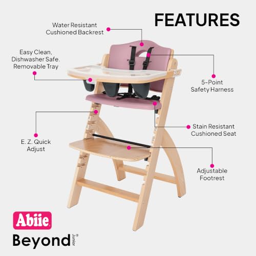 Image of Abiie Beyond Junior Wooden High Chair for Babies and Toddlers - Convertible 3-in-1 Baby Highchair with Removable Tray - 6 Months to 250 Lb - Water Resistant - Natural Wood with Dusty Pink Cushion