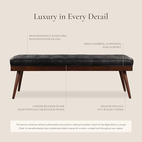 Image of Poly & BARK 55 inch Tufted Leather Bed Bench for Bedroom End of Bed - Living Room Entry Way Bench - Pure Italian Leather Upholstery with a Solid Wood Frame - Ottoman Bench with Wooden Legs - Onyx Black