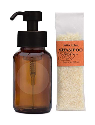 Plastikfreies Shampoo - Duftrichtung: Bergamotte | Plastikmüll vermeiden, vegan & ohne Mikroplastik | 200 ml (Braunglas, Pumpkopf aus schwarzem Edelstahl) Cover