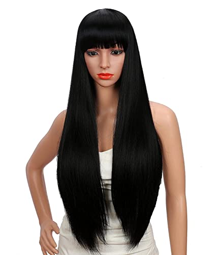 Image of Tressedup hair Women's Silky Long Straight Black Wig Heat Resistant Synthetic Wig With Bangs Hair Wig for Women