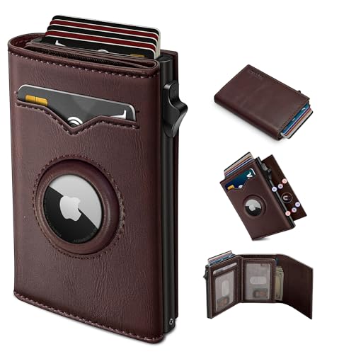 Image of miyozi Airtag Wallet for Men,with Cash Pocket 2 ID Window 9-12 Cards,Metal Case Smart Slim Pop Up Credit Card Holder Flip with Magnetic Closure RFID Blocking Trifold wallet with Gift Box