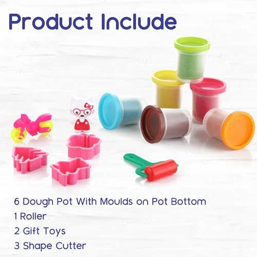 Image of Chanak Clay Dough for Kids, Creative Modelling Dough Set with 6 Clay Tubs (50g Each), 1 Roller, 3 Shape Cutters & 2 Toys, Taste-Safe DIY Craft Activity, Moulding Play Set, BIS Approved