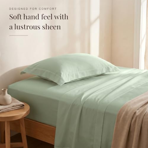 Image of Huesland 100% Pure Cotton Sateen Weave Bedsheet 300 TC - Premium Luxury Single Bed Set | Misty Jade | 88 x 55 inches