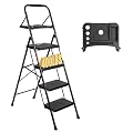 BONTEC 4-Step Ladder, Folding Step Stool with Tool Platform, Wide Anti-Slip Pedals, Max Load Capacity 400lbs Sturdy Steel Ladder, Lightweight Portable Ladder, Tall Step Ladder for House Use, Black
