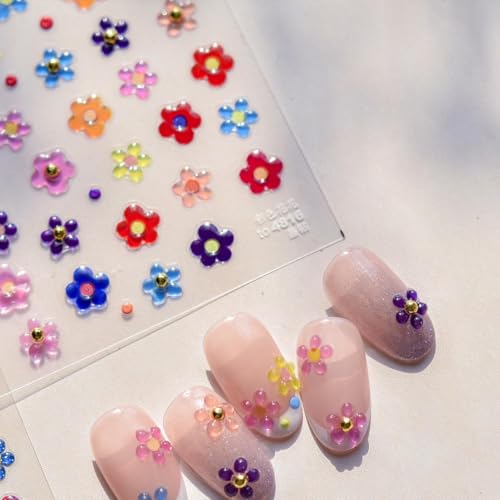 Image of 5D Embossed Flower Nail Stickers Colorful Nail Art Stickers Small Gold Ball Nail Decals Self Adhesive Nails Design Manicure Supplies Charm for Women Nail Art Decorations Accessories