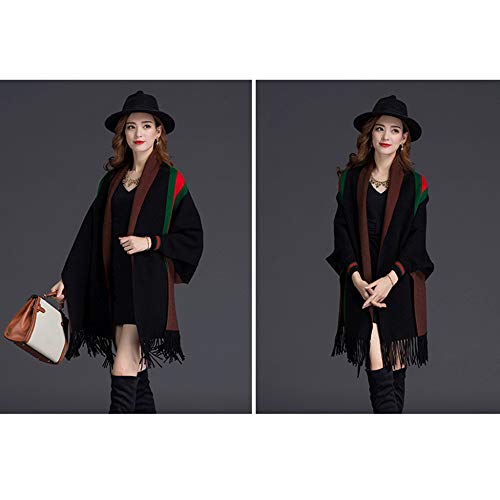 LIULIFE Tassel Shawl Spring Autumn Women's Cloak Scarf Dual-use Cardigan with Sleeves Cape Poncho,Black-OneSize3