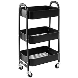 DOEWORKS Storage Trolley on Wheels Metal 3 Tier Trolley Cart Kitchen Trolley Craft Trolleys Beauty Trolleys Rolling Storage Utility Cart for Books Room Bathroom Office, Black