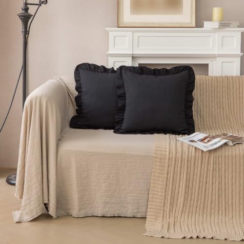GLORY SEASON Waffle Weave Textured Throw Pillow Covers Set of 2 with Washed Cotton Retro Ruffle Flounces Trim Solid Decorative Pillow Cases for Home Livingroom and Bedroom Decor 18x18 Inch Black