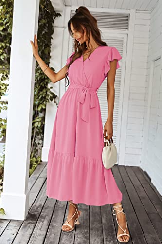 PRETTYGARDEN Women's Summer Floral Boho Maxi Dress Wrap Short Sleeve V Neck Ruffle A-Line Flowy Wedding Guest Long Dresses