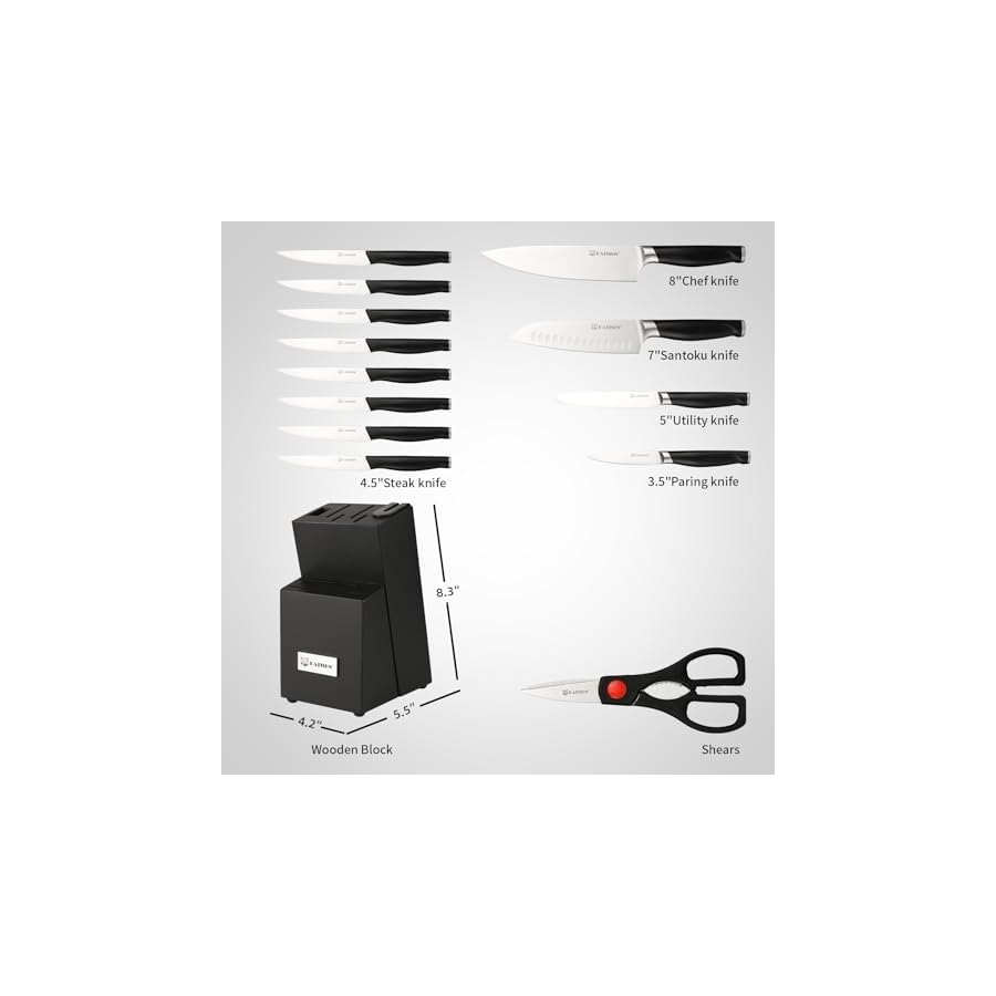 KATISUN Kitchen Knife Set, 15-Piece Kitchen Knife Set with Block, ABS Ergonomic Handle for Chef Knife Set and Serrated Steak Knives Knife Sharpener and Kitchen Shears, Dishwasher Safe, Black Block