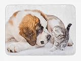 YnimioHOB Hund und Katze Badematte, Close Up Malerische Schnüffeltiere, Plüsch Badezimmer Dekor Matte mit Rutschfester Rückseite, Hellbraun Dunkel Taupe Grau Blass Sepia und Weiß
