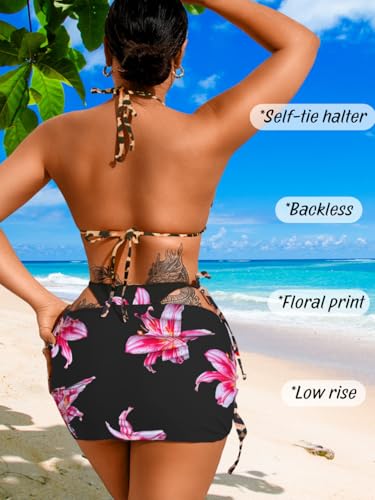 Image of ShawGobow Womens 3 Piece Leopard Bikini Set,Triangle String High Cut Thong Sexy Swimsuit & Coverup Skirt,Pool Party Outfit