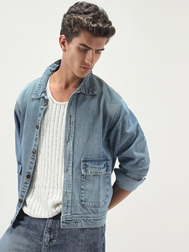 Image of Urbano Fashion Men's Relaxed Fit Full Sleeve Utility Denim Jacket