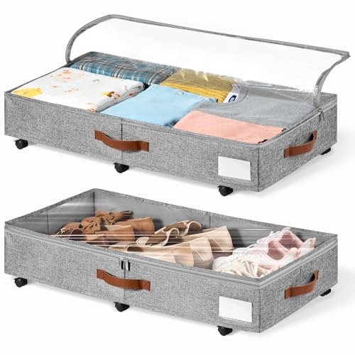 KitHero 6 Inches Under Bed Storage with Wheels Pack of 2, Underbed Shoe Storage Container Bin with Clear Lid Cover, Rolling Under Bed Drawer Bag Basket for Shoe Organizer Sheet Sweater - Grey