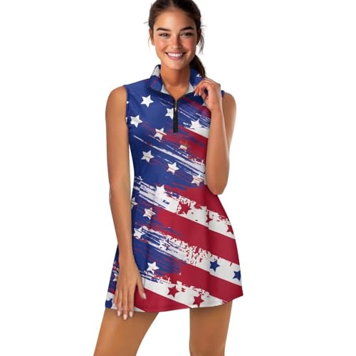 Jekioweii American Flag Tennis Dress For Women Collared Golf Dress With Built In Shorts And Pockets Sleeveless Exercise Workout Athletic Dresses Golf Outfits Two Piece Set