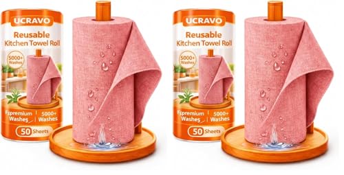 Image of UCRAVO PINK 4 Roll Microfiber Cleaning Cloth Roll - 200 Sheets Pre-Cut Tear Away Towels, 20,000 Washable Reusable Cleaning Rags, Lint Free Ultra Absorbent Cloth for Kitchen Products & Car Cleaning