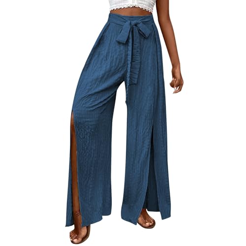 Women's Linen Wide Leg Pants High Waist Casual Long Lounge Adjustable Tie Business Casual Tie Knot Trousers Plus Size