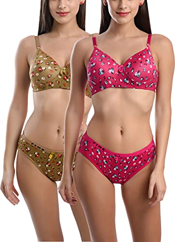 Image of FIMS - Fashion is my style Cotton Flower Print Padded Bra Panty Set for Women, Non Wired, Full Coverage, Tshirt, Back Closure, Push up, Teenage, Regular, Soft Cups