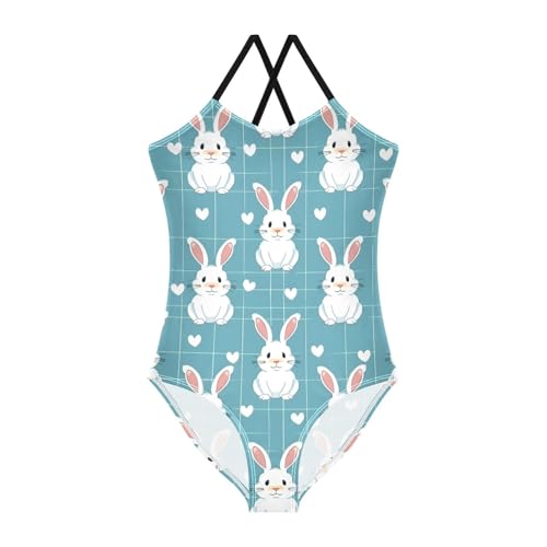 Bolaz Girls Swimsuits One-Piece Bathing Suits Multicolor Kids Sport Summer Beach Swimwear for 3-10 Years Old-Cartoon Rabbit on Blue Background