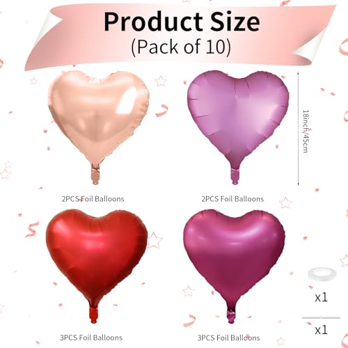 Image of Rose Gold and Pink Heart Balloons, 18 Inch Hot Pink Heart Shape Balloons Foil, 10 Pcs Rose Gold Pink Heart Balloon for Girls Women Valentines Day Birthday Wedding Baby Shower Bridal Party Decorations
