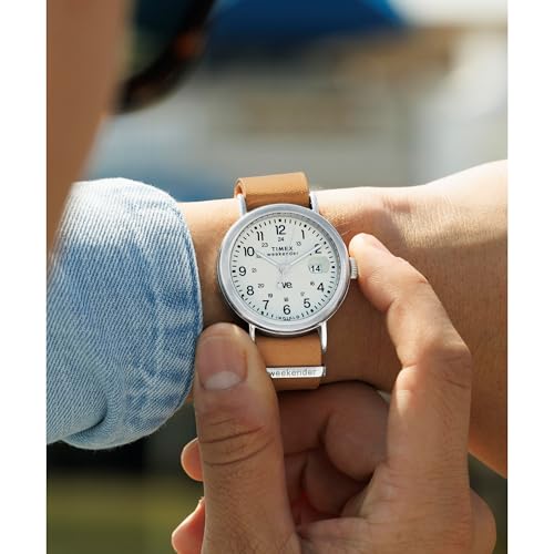 Image of TIMEX Weekender Main Line Analog Watch for Unisex with White Round Dial & Brown Leather Strap Band Water Resistant Unisex Wrist Watches - TW2W86500UJ